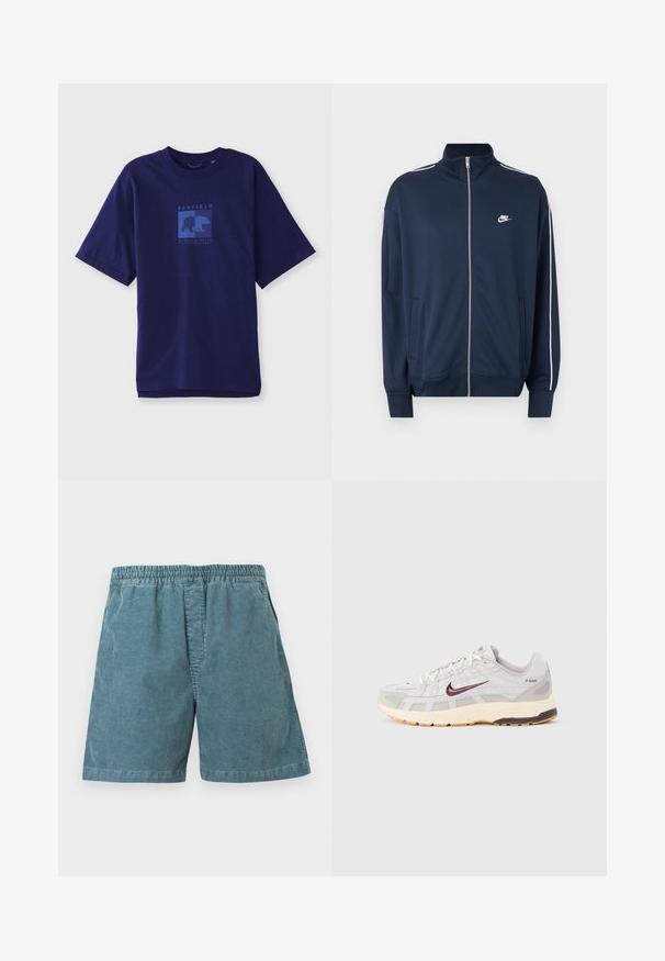 Laivastonsininen Nike vetoketjullinen takki, jossa korkea kaulus, valkoiset reunukset hihoissa, kaksi etutaskua ja valkoinen Nike-logo vasemmalla rinnassa.; Tummansini sininen puuvillapaita lyhyillä hihoilla, jossa on etupuolella neliön muotoinen sininen graafinen kuva karhusta ja teksti "PENFIELD MASSACHUSETTS".; Siniset verryttelyshortsit, joissa on joustava vyötärönauha ja sivutaskut, esitettynä tasaisena valkoisella taustalla.; Miesten juoksukenkä vaaleanharmaana ja kermanvärisenä, hengittävällä verkkopäällisellä, tummanpunaisella Nike-logoilla, pehmustetulla kauluksella ja kuvioidulla pohjalla.