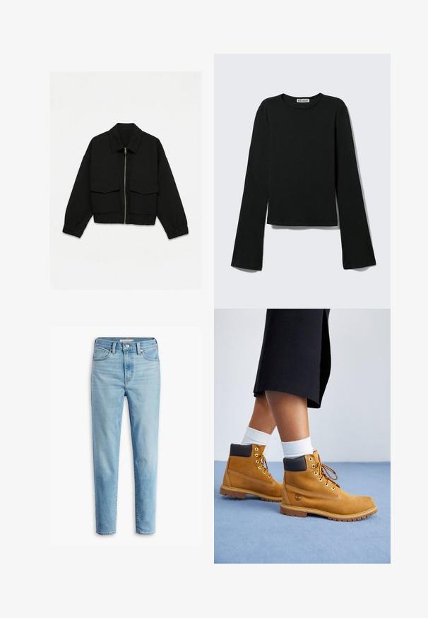 Veste noire zippée avec col, deux poches avant à rabat, manches longues et poignets et taille élastiques sur fond blanc.; T-shirt noir à manches longues avec col rond, silhouette ajustée et manches légèrement évasées, étiqueté avec la marque "Weekday" au niveau de l'encolure.; Jean en denim taille haute bleu clair avec poches avant, passants de ceinture, fermeture par bouton et jambes fuselées sur fond blanc.; Bottines en suede beige avec des accents en cuir marron, des œillets dorés et une semelle texturée. Chaussettes blanches visibles au-dessus des bottines.