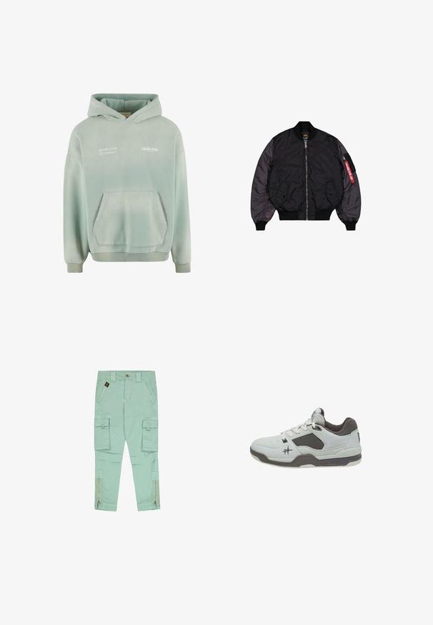 Veste bombardier noire avec fermeture éclair à l'avant, poignets côtelés, deux poches à rabat et une poche zippée sur le bras avec une étiquette rouge "Retirer avant le vol".; Sweat à capuche vert clair avec une poche kangourou, des poignets et un ourlet côtelés. Avec du texte imprimé en blanc à l'avant et une finition douce et texturée.; Pantalon cargo vert menthe avec plusieurs poches, côtés zippés et fermeture à bouton. Confectionné en tissu léger.; Chaussure de sport gris clair avec une tige en suède texturé, des accents gris foncé, un panneau latéral perforé et un col rembourré pour plus de confort.