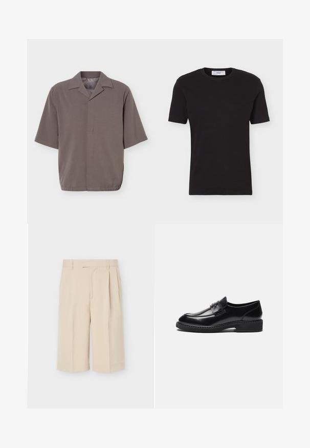 Kortærmet, løstsiddende grå skjorte med spids krave og skjult lukning foran, med elastisk kant ved taljen.; Sort T-shirt med korte ærmer, rund hals og almindelig pasform med Marc O'Polo Denim label inde i kraven.; Beige knælange skræddersyede shorts med bæltestropper og forreste folder på en ensartet lys baggrund.; Zign by Zalando LEATHER - Business loafers - black