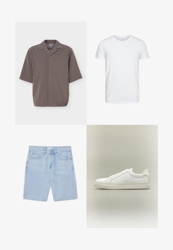 Kortærmet, løstsiddende grå skjorte med spids krave og skjult lukning foran, med elastisk kant ved taljen.; Rundhals kortærmet t-shirt i ensfarvet hvid, lavet af blød bomuld, har et simpelt design uden synlige mønstre eller detaljer.; Lys blå denimshorts med lige snit, der har frontlommer, knaplukning og en slidt finish. Klassisk fem-lomme-design.; Hvid lavtop sneaker med snørebånd foran og tyk sål, vist fra siden mod en neutral baggrund.
