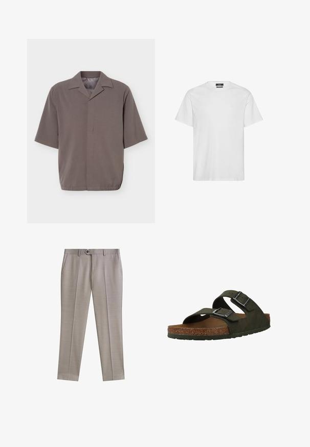 Kortærmet, løstsiddende grå skjorte med spids krave og skjult lukning foran, med elastisk kant ved taljen.; Clean Cut Copenhagen STABLE - T-shirts basic - white; Beige formelle bukser med forreste læg, sidelommer, bæltestropper, knaplukning og lynlås, lavet af glat vævet stof.; Grønne slip-on sandaler med to justerbare stropper, en korksål og en gummisål. Har sølvspænder og et tekstureret overmateriale.