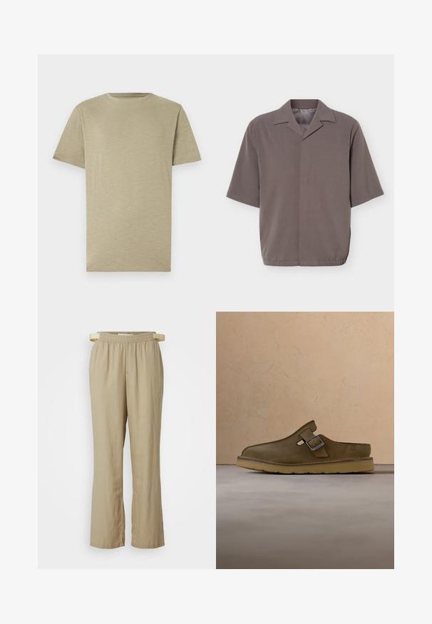 Kurzärmeliges, locker sitzendes graues Hemd mit spitzem Kragen und verdeckter Vorderknopfleiste, versehen mit einem elastischen Saum an der Taille.; Helles Khaki-T-Shirt, kurze Ärmel, Rundhalsausschnitt, weiche Textur, glatter Stoff, ohne Muster oder Akzente, gerade geschnitten, neutrale Farbe.; Beige, weite Hosen aus leichtem Stoff. Elastischer Bund mit Bindeband. Mit Vordertaschen und geraden Beinen.; Olivgrüner Wildleder-Slipper mit Metallschnalle und dicker hellbrauner Sohle, auf einem beigen Teppich nahe einem runden Holztisch positioniert.