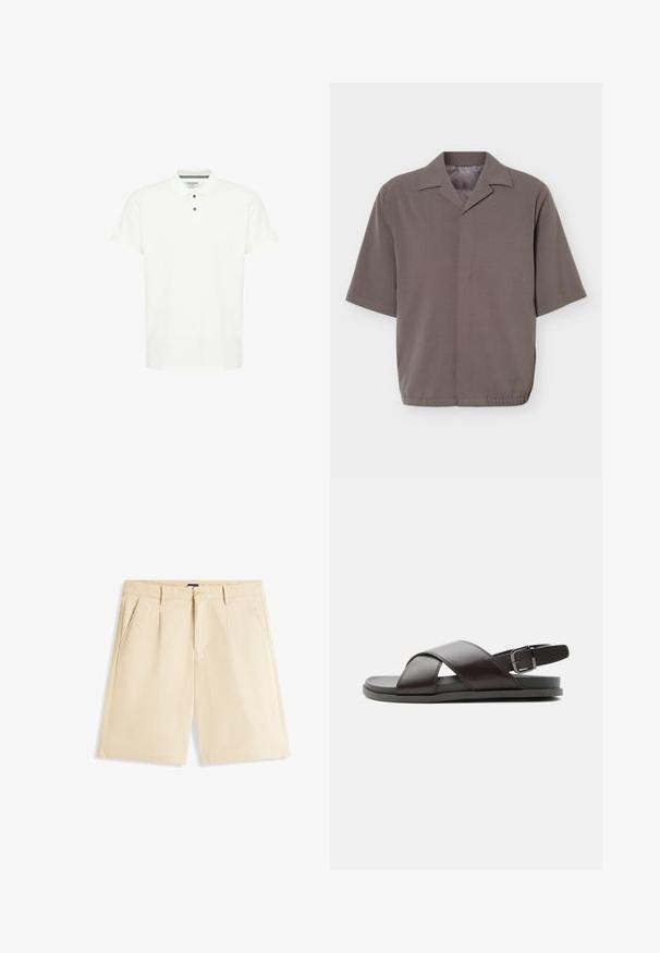 Kortærmet, løstsiddende grå skjorte med spids krave og skjult lukning foran, med elastisk kant ved taljen.; Hvid polo-shirt lavet af bomuld, med en klassisk krave, korte ærmer og en treknapslukning med mørkeblå knapper.; Beige knælange shorts med bæltestropper, knap- og lynlåslukning, og skrå forlommer, lagt fladt på hvid baggrund.; Herre mørkebrun lædersandal med krydsede remme og justerbar rem med spænde ved hælen på flad sål, vist fra siden.