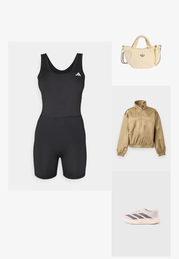 Veste à enfiler beige à fermeture éclair quart de zip, col haut, poignets et taille élastiques, avec un logo Adidas discret au centre devant.; Bodysuit de sport noir avec un design ajusté, sans manches et jambes courtes. Présente un col rond et un accent logo blanc sur la poitrine.; Baskets de sport légères en rose pâle et gris, avec une tige en mesh, trois bandes sombres et une semelle épaisse crème portant l'inscription "LIGHTSTRIKE PRO".; Petit sac à épaule beige avec doubles poignées et logo Adidas au centre, doté d'une bandoulière rayée amovible et d'une fermeture éclair avec des accents dorés.