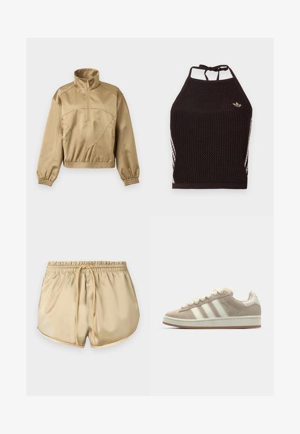 Beige Viertel-Reißverschluss-Pulloverjacke mit hohem Kragen, elastischen Bündchen und Bund, mit dezentem Adidas-Logo in der vorderen Mitte.; Schwarzes Netz-Halfter-Cropped-Top mit strukturiertem Design. Mit pinkfarbenen Akzentstreifen und kleinem Logo vorne. Mit Rückenknotenverschluss.; Beige Shorts mit elastischem Bund, vorderer Kordel und Seitentaschen, mit abgerundeten Säumen und glattem Stoff.; Hellbeige Wildlederschuhe mit weißen Lederstreifen und -schnürsenkeln, Gummisohle, gepolstertem Kragen und strukturierten Details auf der Oberseite.