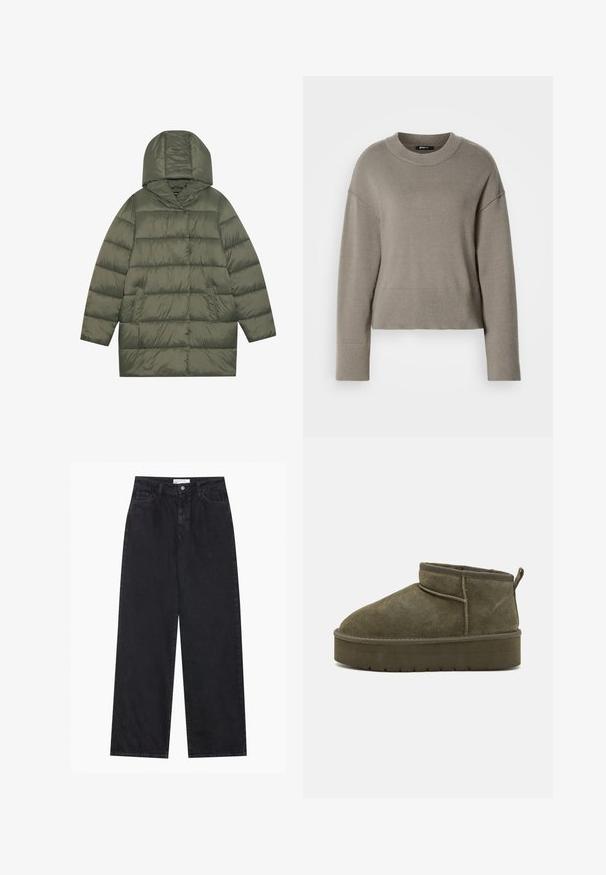 Olijfgroene gewatteerde pufferjack met capuchon en twee voorkruiken, ontworpen voor koude weersomstandigheden.; Lichtgrijs cropped sweater met een ronde halslijn, doorgeschoven schouders en ribgebreide manchetten en zoom. Zachte textuur, eenvoudig ontwerp.; Zwarte high-waisted spijkerbroek met wijde pijpen, frontknopen en ritssluiting, ceintuurlussen en een vijf-pocket stijl.; Olijfgroene suède enkellaarzen met een ronde teen, gestikte details en een dikke zool met een gestructureerd patroon. Kleine trekband aan de achterkant.
