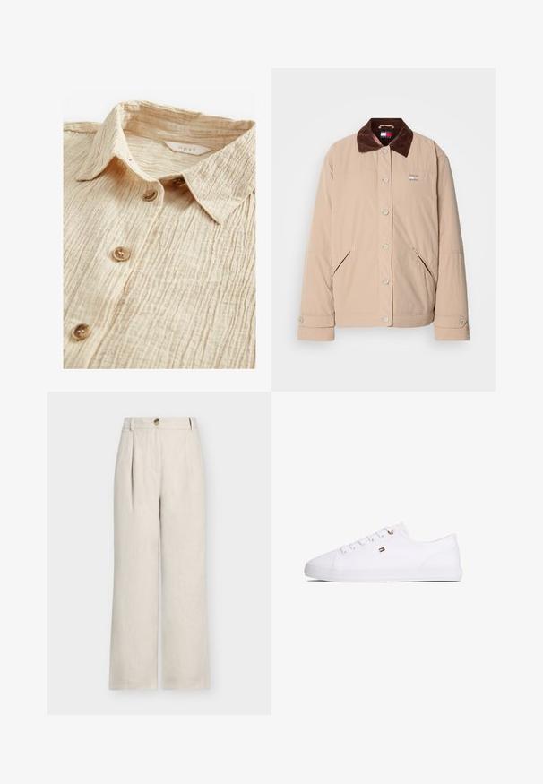 Veste beige avec un col en velours côtelé marron, dotée d'une fermeture à pression, de deux poches latérales et d'un petit patch logo sur la poitrine.; Chemise beige à boutonner avec un tissu texturé et froissé. Dispose d'un col et de cinq boutons marron sur le devant. Étiquette visible à l'intérieur.; Pantalon en lin beige taille haute à jambes larges, avec passants pour ceinture, fermeture par boutons et plis devant.; Baskets blanches basses avec fermeture à lacets, petit logo drapeau rouge, blanc et noir sur le côté, et semelle plate en caoutchouc.
