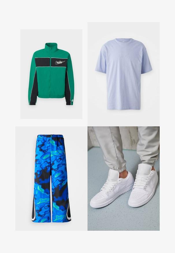 Grün-schwarze Nike Jacke mit durchgehendem Reißverschluss, weißen Paspeln, hohem Kragen, elastischen Bündchen und Saum sowie Nike-Logo auf Brust und Ärmel.; Hellblaues Baumwoll-T-Shirt mit Rundhalsausschnitt und kurzen Ärmeln. Mit einem geprägten "Nike"-Logo auf der Vorderseite in der Mitte. Weicher Stoff.; Blaue und schwarze, abstrakt gemusterte, weit geschnittene Hose mit elastischem Bund und seitlichen Reißverschlusstaschen auf einem einfarbigen Hintergrund.; Weiße Ledersneaker mit perforierter Zehenbox, flachen Schnürsenkeln, gepolstertem Kragen und dem Jordan-Logo auf der Zunge. Getragen mit grauen Jogginghosen.