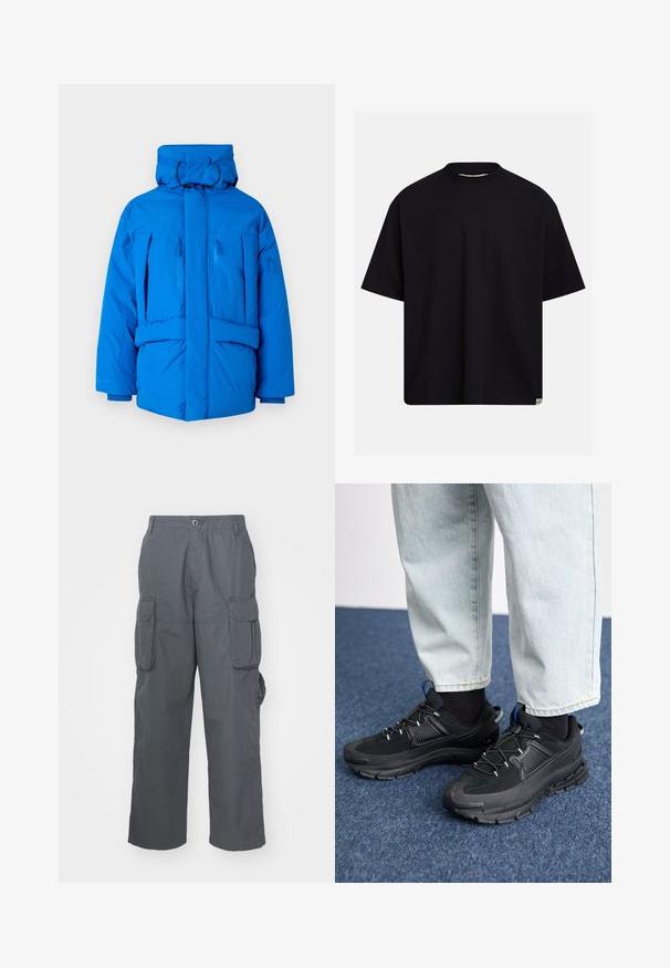 Chaqueta acolchada azul con un collar alto, cordón ajustable y cuatro bolsillos con cremallera. Fabricada con un tejido suave y resistente a la intemperie.; Camiseta negra oversize de manga corta con cuello redondo y una pequeña etiqueta rectangular color blanco roto en el dobladillo inferior sobre un fondo gris claro.; Pantalones cargo de tela gris oscuro; cuentan con múltiples bolsillos laterales, un ajuste relajado y un cierre de botón en la cintura.; Zapatillas deportivas negras con tejido texturizado y suelas de goma, con cordones elásticos y un acento azul en el talón. Combinadas con pantalones de mezclilla claros.