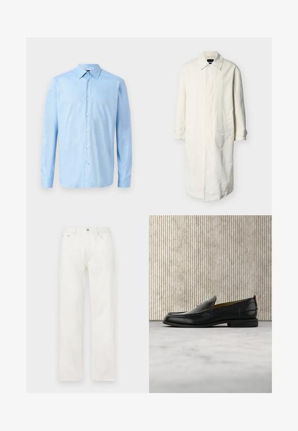 Abrigo largo color blanco roto con cuello, cierre de botones ocultos, bolsillos laterales y puños abotonados, exhibido sobre un fondo liso gris claro.; Camisa azul claro de manga larga con botones, fabricada en un tejido suave. Presenta un cuello clásico y una tapeta delantera con botones blancos.; Vaqueros vaqueros blancos de corte recto con bolsillos delanteros, trabillas para el cinturón y cierre con botón en la cintura, mostrados sobre un fondo liso.; Mocasín de cuero negro para hombre con empeine grabado en relieve de cocodrilo y tacón bajo, mostrado de perfil sobre un fondo neutro.