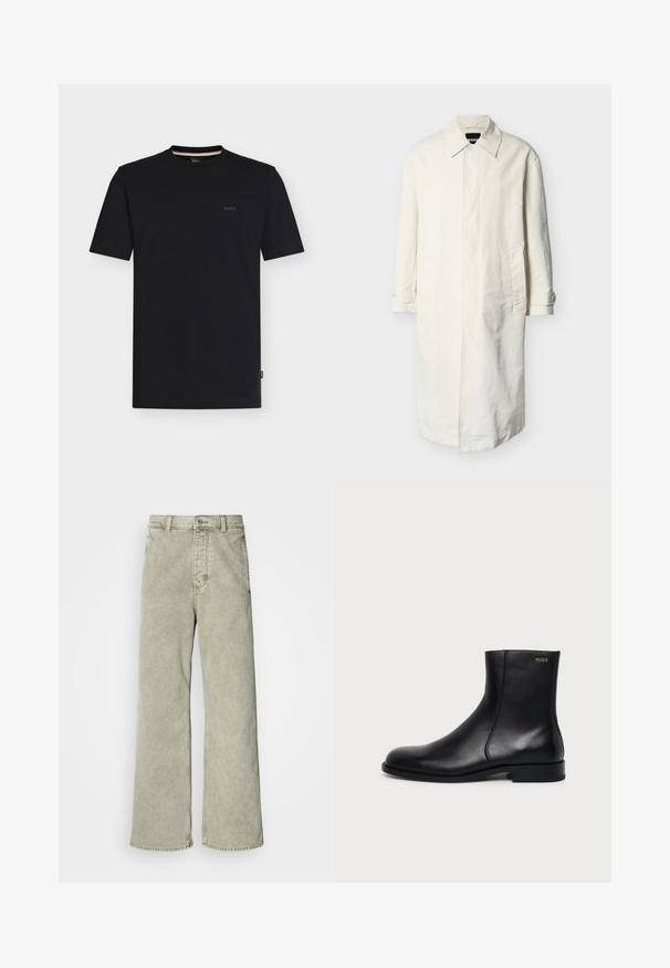 Lang off-white trenchcoat med krave, skjult knaplukning, sidelommer og manchetter med knap, vist på en ensfarvet lys grå baggrund.; Sort T-shirt med korte ærmer og rund hals samt et lille "BOSS"-logo på venstre bryst, vist på en ensfarvet hvid baggrund.; Lys grøn brede jeans med høj talje, lavet af denim, med knaplukning og klassisk fem-lommer design.; Sort læderankelstøvle med lav hæl, sidesyning og lille "HUGO" logo på den øverste manchet mod en ensfarvet baggrund.