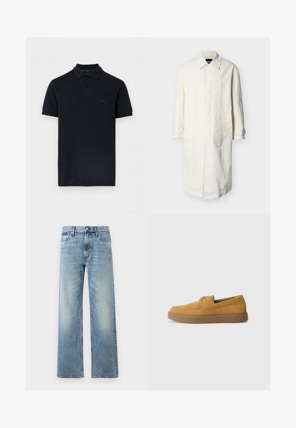 Trench-coat long blanc cassé avec col, fermeture à boutons cachés, poches latérales et poignets boutonnés, présenté sur un fond gris clair uni.; Polo noir à manches courtes avec deux boutons et "BOSS" brodé sur le côté gauche de la poitrine.; Jean droit en denim bleu clair avec taille haute, cinq poches, fermeture à boutons et léger délavage sur les cuisses et les genoux.; Chaussures slip-on en suède marron avec une finition texturée, un bout rond et une semelle en caoutchouc contrastante. Présente une marque discrète près du talon.