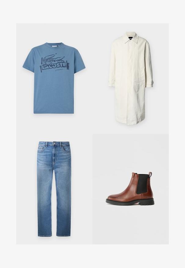 Langer cremefarbener Trenchcoat mit Kragen, verdeckter Knopfleiste, Seitentaschen und geknöpften Manschetten, dargestellt vor einem schlichten hellgrauen Hintergrund.; Blaues Baumwoll-T-Shirt mit einem dunklen bedruckten Krokodil-Logo und dem Text "LACOSTE". Rundhalsausschnitt, kurze Ärmel, lockere Passform.; Hellblaue gerade geschnittene Jeans mit fünf Taschen und Knopfverschluss, flach auf weißem Hintergrund dargestellt.; Braune Leder-Chelsea-Stiefel mit elastischen Seiteneinsätzen, Zugschlaufe, runder Spitze und strukturiertem schwarzen Gummisohle. Minimalistisches Design, keine sichtbaren Muster.