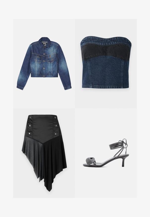Denimjack met een cropped ontwerp, klassieke kraag en twee borstzakken. Accenten in een licht en donkerblauw ruitpatroon.; Denim strapless top met een donkerblauw ontwerp en een zwarte paneel over het bovenste gedeelte, een gladde textuur en een gebogen halslijn.; Zwarte asymmetrische rok met een mix van matte en textuurstoffen, voorzien van zilveren knoopdetails op de taille en een gelaagde zoomontwerp.; Grijze leren sandaal met hak, voorzien van een geknoopte band bij de tenen en wikkellinten rond de enkel op een slanke sandaal met een middenhoge hak, tegen een witte achtergrond.