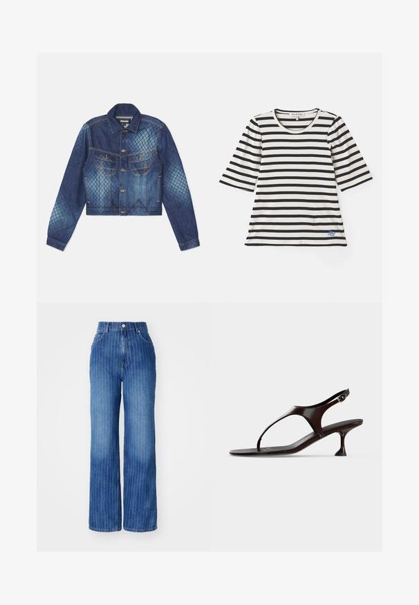 Denimjakke med en cropped design, klassisk krave og to brystlommer. Lyse og mørke blå diamantmønster accenter.; Stribet t-shirt i creme og marineblå, med korte ærmer, ribbet struktur, rund halsudskæring og en lille blå logo-detalje nær kanten.; Blå denim brede bukser med lodrette hvide striber, høj talje og fem-lomme design, med knap- og lynlåslukning.; Mørkebrun laklædersandal med rem bagpå, lille hæl og tårem på hvid baggrund.