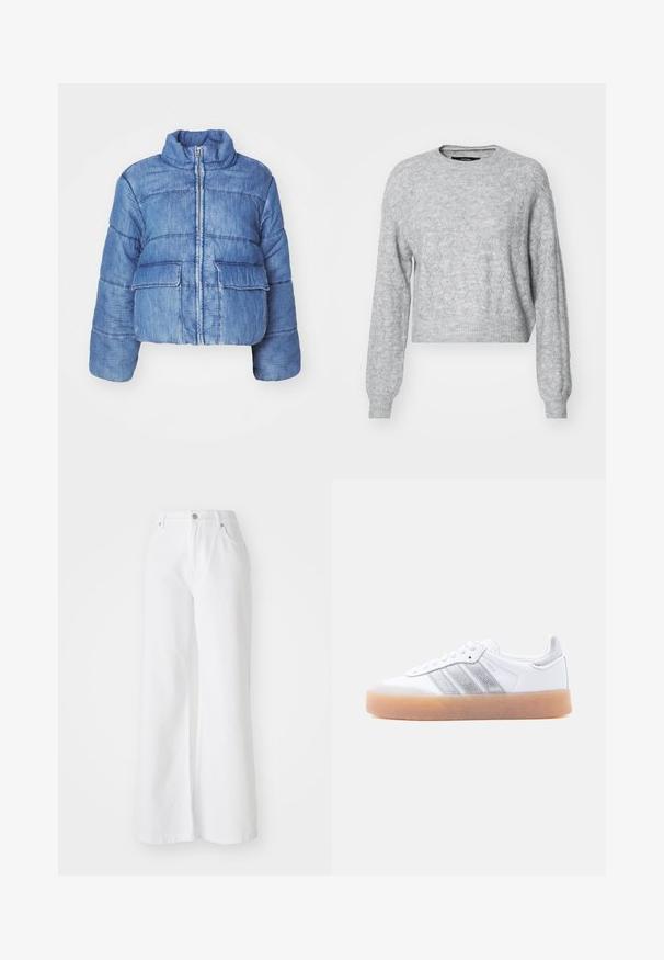 Κοντό τζην μπουφάν από denim, με ψηλό γιακά, μπροστινό φερμουάρ, δύο μεγάλες ραμμένες τσέπες και ραφές σε όλη την επιφάνεια.; Vero Moda VMYEN ONECK - Πουλόβερ - light grey; Άσπρο τζιν παντελόνι σε φαρδιά γραμμή με ψηλή μέση, διαθέτει μπροστινές τσέπες και κλείσιμο με ασημένιο κουμπί. Η υφή είναι λεία με ομοιόχρωμο σχέδιο.; Λευκό χαμηλό παπούτσι με καουτσούκ σόλα, ασημένιες ρίγες στα πλαϊνά και κλείσιμο με κορδόνια, απεικονίζεται σε απλό φωτεινό φόντο.