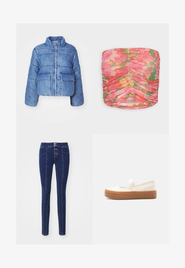 Veste rembourrée en denim bleu, raccourcie, avec un col montant, une fermeture éclair à l'avant, deux grandes poches à rabat et des coutures décoratives partout.; ONLY ONLPARIS - Débardeur - fuchsia pink; Jean en denim bleu foncé avec une taille haute, fermeture à cinq boutons, deux poches avant et une coupe slim. Texture douce.; Chaussure Mary Jane en toile blanche avec une épaisse semelle en caoutchouc marron et une bride unique sur le dessus.