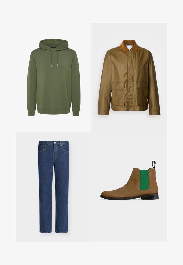 Braune gewachste Jacke mit einem Kragen aus beigem Cord, ausgestattet mit zwei Fronttaschen und Druckknopfverschlüssen, gefertigt aus wasserabweisendem Material.; Olivgrüner Hoodie aus weichem Material, mit einer geräumigen Kapuze mit Kordelzügen sowie gerippten Bünden und Saum für eine angenehme Passform.; Straight-leg blaue Denim-Jeans mit Knopf- und Reißverschluss, vorderen Taschen und Gürtelschlaufen vor weißem Hintergrund.; Brauner Chelsea-Boot aus Veloursleder mit grünem elastischem Seitenteil und schwarzer Sohle, von der Außenseite vor schlichtem Hintergrund betrachtet.