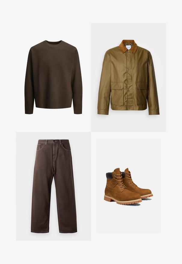 Veste cirée marron avec un col en velours côtelé beige, dotée de deux poches avant et de fermetures à pression, fabriquée à partir d'un matériau résistant à l'eau.; Pull-over marron à col ras du cou, avec des manches longues, fabriqué à partir d'un tissu doux. Présente une coupe décontractée et des poignets côtelés.; Pantalons larges marron en coton, avec un design classique à cinq poches, une fermeture éclair et des détails de couture visibles.; Bottines en daim marron avec un col rembourré noir, œillets dorés et semelle en caoutchouc épais avec un motif à crampons pour l'adhérence.