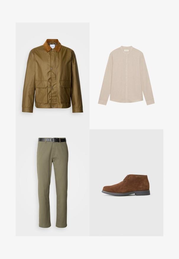 Chaqueta encerada marrón con un collar de pana color beige, que cuenta con dos bolsillos frontales y cierres de presión, fabricada con material resistente al agua.; Camisa de manga larga beige hecha de una tela ligera, con un cuello mao y un cierre frontal de botones con una sutil textura.; Pantalones rectos de color verde oliva, hechos de algodón, con un cinturón de cuero negro, costuras visibles y bolsillos laterales.; Botas de tobillo de ante marrón con punta redondeada y diseño de dos ojales. La suela es de goma negra con un acabado texturizado.