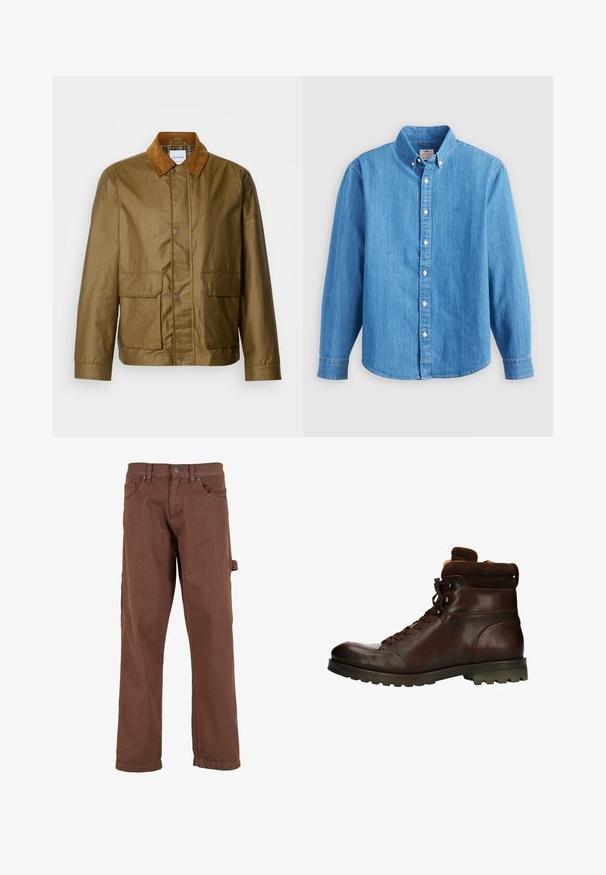 Bruine gewaxte jas met een tan corduroy kraag, voorzien van twee voorzakken en drukknoopsluitingen, gemaakt van waterafstotend materiaal.; Lichtblauw denim overhemd met lange mouwen, button-down kraag en witte knopen. Heeft een klein geborduurd logo op de borst.; Bruine cargobroek van stevig materiaal, met een recht pasvorm, voorzakken en een zijzak met een klep.; Manfield MIT HOHEM SCHAFT - Veterboots - brown