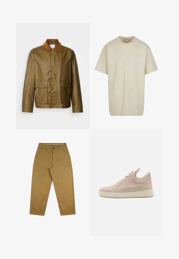 Veste cirée marron avec un col en velours côtelé beige, dotée de deux poches avant et de fermetures à pression, fabriquée à partir d'un matériau résistant à l'eau.; T-shirt en coton beige clair à manches courtes, col rond et coupe décontractée. Le tissu semble lisse, sans motifs ni accents visibles.; Pantalons baggy beiges en coton durable. Dotés d'une fermeture à bouton, d'un design à cinq poches et d'une étiquette sur la taille avec du texte.; Baskets en suède beige avec un bout arrondi, semelle blanche et lacets plats. Comprend une languette au talon et des panneaux latéraux texturés.