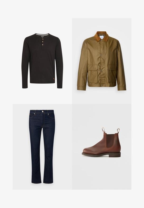 Chaqueta encerada marrón con un collar de pana color beige, que cuenta con dos bolsillos frontales y cierres de presión, fabricada con material resistente al agua.; Camisa de manga larga negra hecha de una tela suave, con un cuello redondo, tapeta de botones con botones de madera y una pequeña etiqueta de logo en el dobladillo.; Jeans de denim con un lavado azul oscuro, diseño de pierna recta, cinco bolsillos y costuras en contraste. Presenta un cierre delantero con botón.; Botín Chelsea de cuero marrón con paneles elásticos en los laterales, tirador y un tacón bajo apilado. Textura suave con puntera redondeada y detalles mínimos.