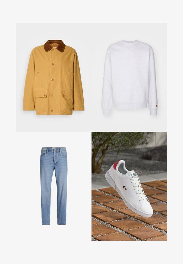 Geel katoenen jack met een bruine corduroy kraag, grote zijzakken en knoopsluitingen aan de voorkant.; Lichtgrijze sweatshirt met een ronde hals, lange mouwen, geribbelde manchetten en een klein logo-label nabij de zoom. Gemaakt van zachte stof.; Lichtblauwe denim jeans met een rechte snit, standaard vijf-pocketontwerp en zichtbare stiksels. Geen onderscheidende patronen of accenten.; Witte Lacoste-sneaker met rode hielstuk, groen krokodillenlogo op de tong, zijlogo en veters, tentoongesteld op houten tegel en grindgrond.