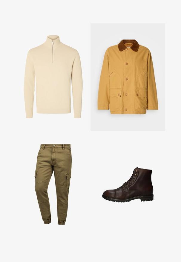 Gul bomuldsjakke med en brun fløjlskrave, store sidelommer og knaplukning foran.; Beige striktrøje med høj ribbet krave og kort foran lynlås, med lange ærmer og ribbede manchetter og kant.; Mænds olivengrønne cargobukser med sidelommer med klap, forreste knaplukning, lynlås og elastiske manchetter ved anklerne.; Mørkebrun læder snørebånd ankelstøvle med robuste gummisål og metaløjer, set fra den ydre side.