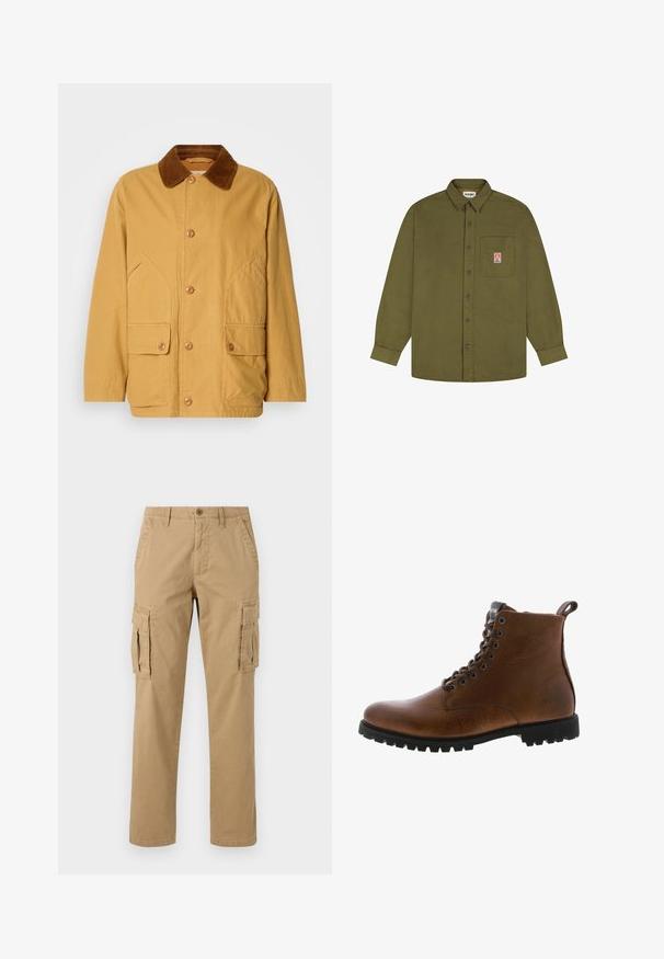 Gul bomuldsjakke med en brun fløjlskrave, store sidelommer og knaplukning foran.; Wrangler LOOSE FIT - Skjorter - beech; Beige cargobukser med to sidelommer, knaplukning, lige ben og et blødt, tekstureret stof.; Brune læder ankelstøvler med tekstureret overflade, metaløjer og sort gummisål. Har en træktab bagpå for nem påtagning.