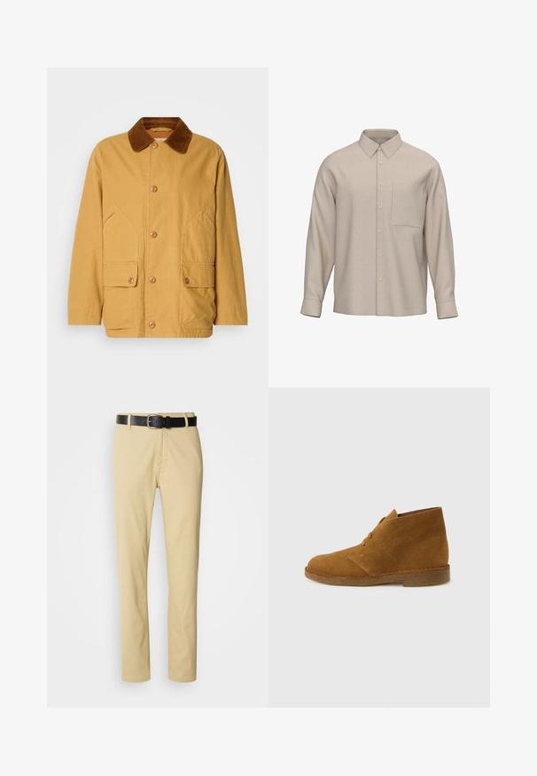 Gelbe Baumwolljacke mit einem braunen Cordkragen, großen Seitentaschen und Knopfverschlüssen auf der Vorderseite.; Beige langärmliges Hemd mit Knopfleiste, spitzem Kragen und einer Brusttasche, präsentiert vor weißem Hintergrund.; Beige Baumwollhosen mit geradem Schnitt, gesichert durch einen schwarzen Ledergürtel mit einer silbernen Schnalle.; Brauner Wildleder-Wüstenstiefel, knöchelhoch, mit zwei Ösen und Krepsohle auf schlichtem hellgrauem Hintergrund.