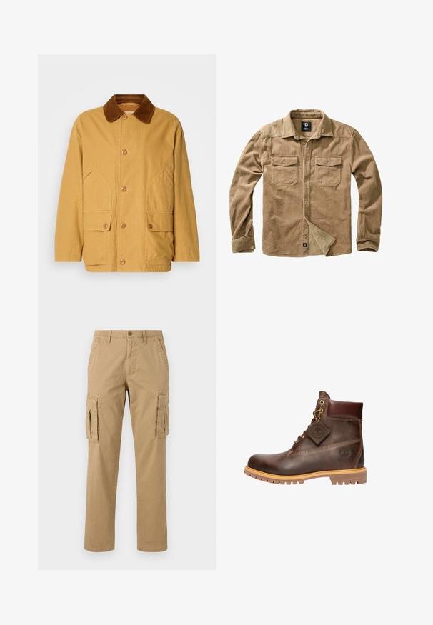 Veste en coton jaune avec un col en velours côtelé marron, de grandes poches latérales et des boutons sur le devant.; Chemise en velours côtelé beige à manches longues, fermeture à boutons, deux poches sur la poitrine et texture côtelée subtile. Présente une étiquette de marque en bas.; Pantalons cargo beiges avec deux poches latérales, une fermeture par bouton, un design droit et un tissu doux et texturé.; Bottine marron en cuir avec col rembourré, laçage frontal, semelle robuste, et logo Timberland visible sur le côté et sur l'étiquette attachée.