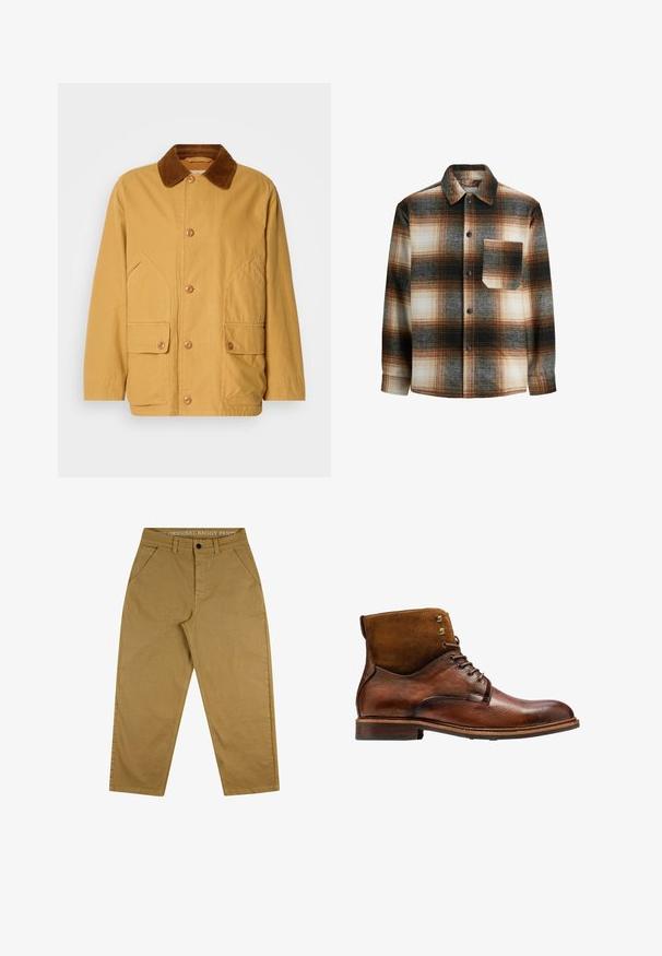 Veste en coton jaune avec un col en velours côtelé marron, de grandes poches latérales et des boutons sur le devant.; Chemise en flanelle à carreaux bruns avec des nuances de noir et de crème, fermeture à boutons, col de chemise, et une poche poitrine avec un design carré.; Pantalons baggy beiges en coton durable. Dotés d'une fermeture à bouton, d'un design à cinq poches et d'une étiquette sur la taille avec du texte.; Kazar ALID - Bottines à lacets - brown