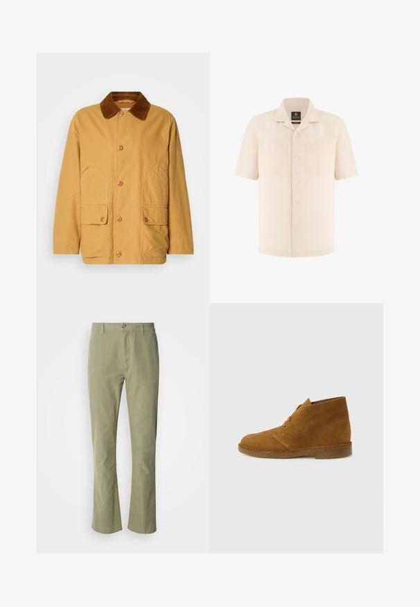 Veste en coton jaune avec un col en velours côtelé marron, de grandes poches latérales et des boutons sur le devant.; Chemise beige à manches courtes avec boutons, col camp et deux poches poitrine, en lin 100 % de Boggi Milano.; Pantalon en coton vert clair avec une coupe droite, doté d'une fermeture à bouton à l'avant et d'une texture discrète. Aucun motif ou accent visible.; Botte désert en daim marron montant à la cheville avec deux œillets et semelle en crêpe sur fond gris clair uni.