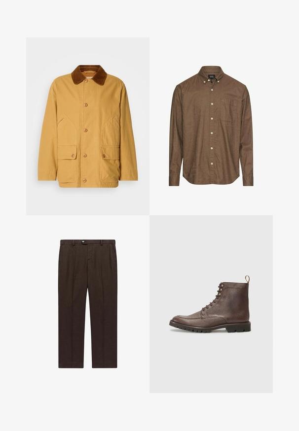 Gul bomuldsjakke med en brun fløjlskrave, store sidelommer og knaplukning foran.; Brun langærmet skjorte med knapper, med en knappet krave og en enkelt brystlomme på venstre side.; Brune skræddersyede bukser lavet af letvægtsstof med lige ben, der har en frontlukning med knap og to sidelommer.; Hackett London SLOANE APRON - Snørestøvletter - dark mocca brown