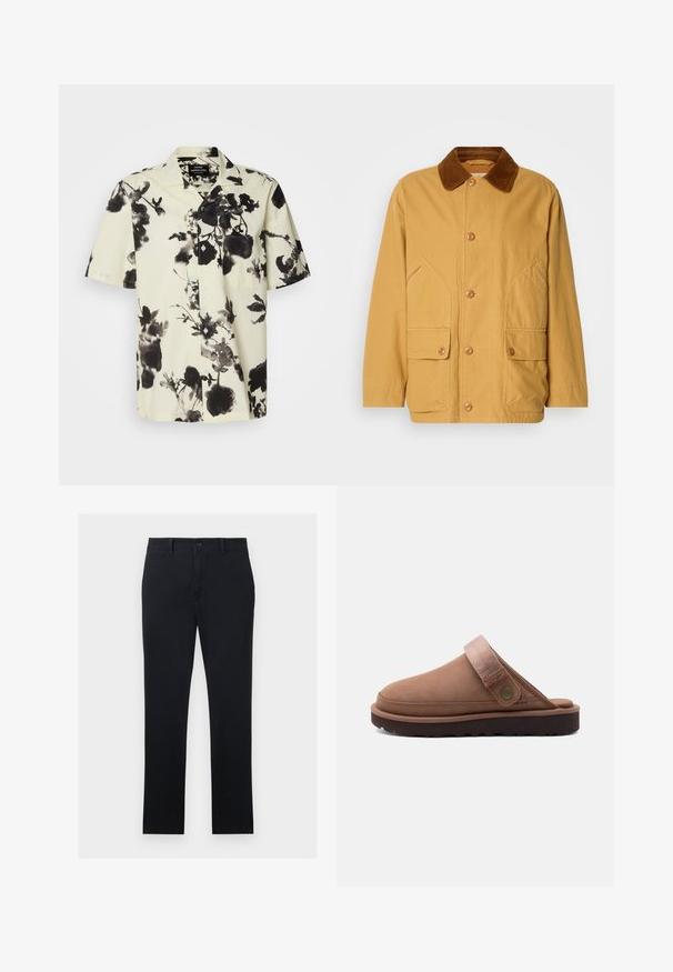Chaqueta de algodón amarilla con un cuello de pana marrón, grandes bolsillos laterales y cierre de botones en la parte delantera.; Camisa de manga corta con base crema y patrones florales negros. Hecha de un tejido ligero, tiene un cierre de botones en la parte delantera y un bolsillo en el pecho.; Chinos negros fabricados en tela de algodón, con piernas rectas, cierre de botón frontal y dos bolsillos laterales. Textura suave, con un diseño minimalista.; Zueco marrón sin cordones con correa de tela ajustable y botón de metal, con una suela negra gruesa y resistente para uso en exteriores.