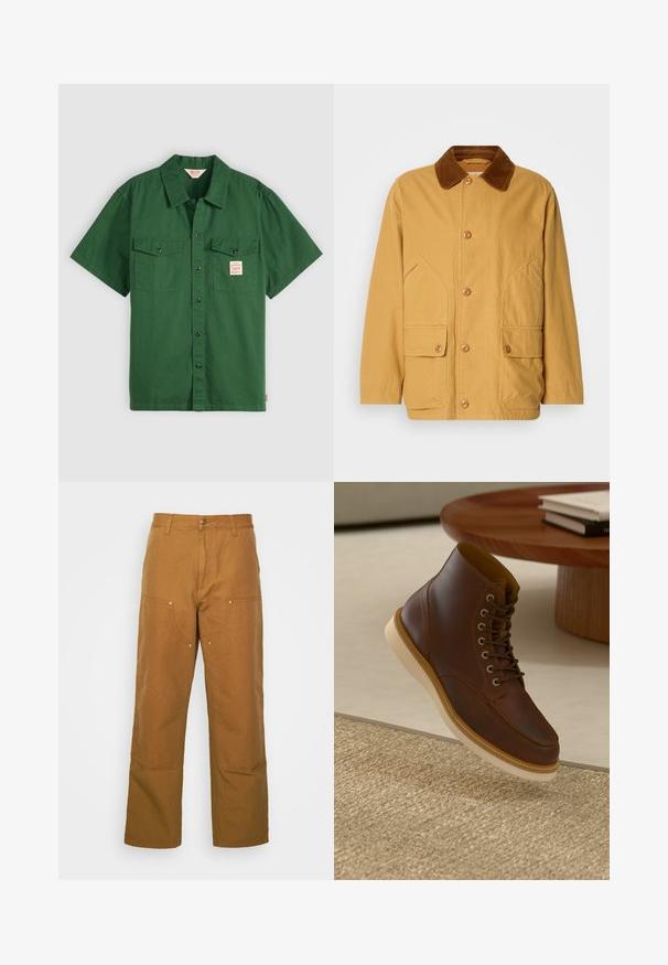 Geel katoenen jack met een bruine corduroy kraag, grote zijzakken en knoopsluitingen aan de voorkant.; Korte mouwen groene katoenen shirt met knoopsluiting, twee borstzakken en een klein label op de linkse zak. Effen, geen patronen.; Bruine katoenen utility broeken met een rechte pijpdesign, voorzien van voorzakken en metalen hardware accenten voor extra duurzaamheid.; Bruine leren enkelboot met beige zool op een gestructureerd beige vloerkleed naast een ronde houten tafel met opgestapelde boeken.