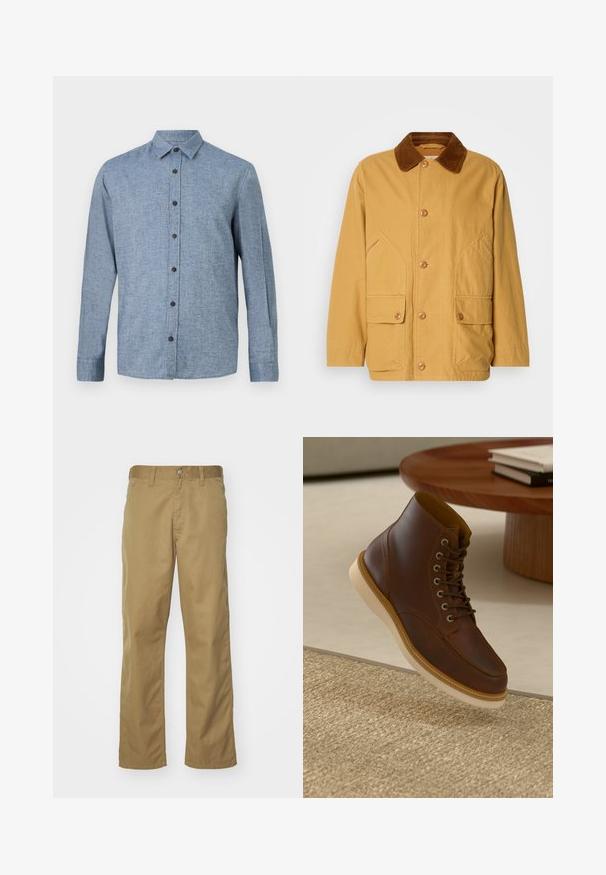 Gul bomuldsjakke med en brun fløjlskrave, store sidelommer og knaplukning foran.; Langærmet button-up skjorte i lyseblåt stof med tekstureret væv, med krave og seks mørkeblå knapper ned ad fronten.; Khaki chinos med lige bendesign, lavet af glat bomuldsstof. Har en knaplukning foran og sidelommer.; Brune læderankelstøvle med beige sål på et struktureret beige tæppe ved siden af et rundt træbord med stakke af bøger.