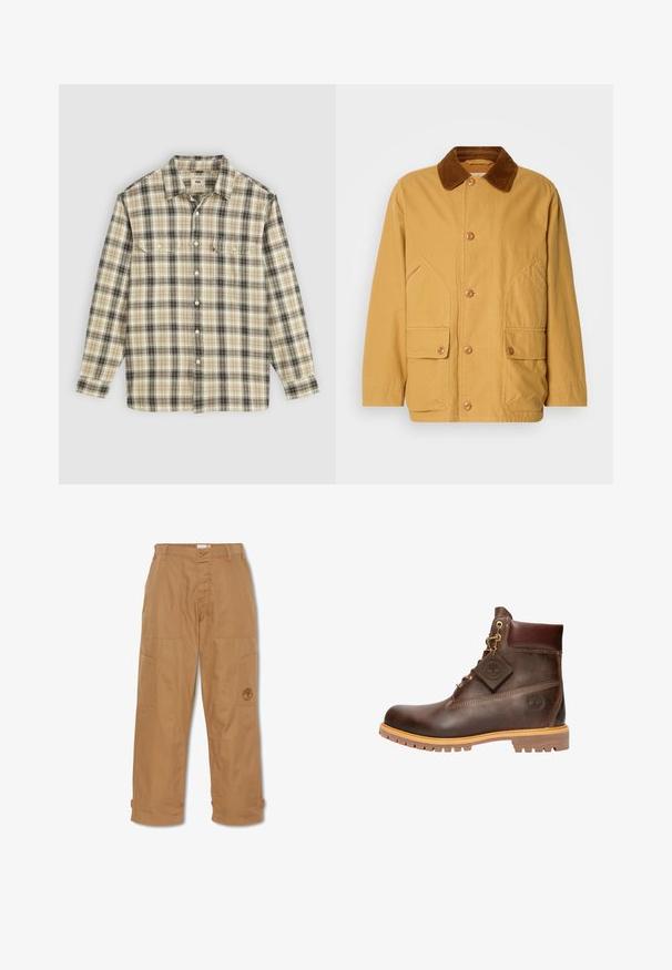 Gul bomuldsjakke med en brun fløjlskrave, store sidelommer og knaplukning foran.; Langærmet ternet skjorte i beige, sort og brun stof, med knaplukning, to brystlommer og klassisk krave-design.; Khaki arbejdsbukser, lavet af slidstærkt stof, har flere lommer, knaplukning og broderet logo på låret.; Brun læder ankelstøvle med rund tå, solid sål, hardware i guldtone og en tekstureret overdel. Inkluderer et logo-tagfæstet.