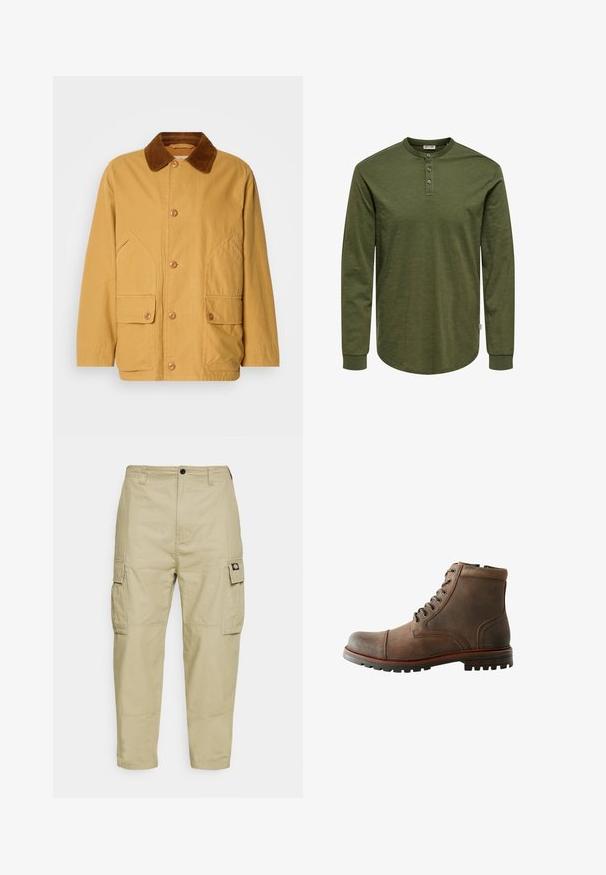 Veste en coton jaune avec un col en velours côtelé marron, de grandes poches latérales et des boutons sur le devant.; Chemise vert olive à manches longues avec un col henley, trois boutons et un ourlet incurvé. Confectionnée dans un tissu doux et texturé avec des poignets ajustés.; Pantalons cargo beiges en tissu durable, avec deux poches latérales, une fermeture à bouton, et des jambes fuselées avec une texture lisse.; Bottine en cuir marron avec un bout arrondi, un col rembourré, un laçage à six œillets et une semelle en caoutchouc texturée. Accents cousus sur les côtés.