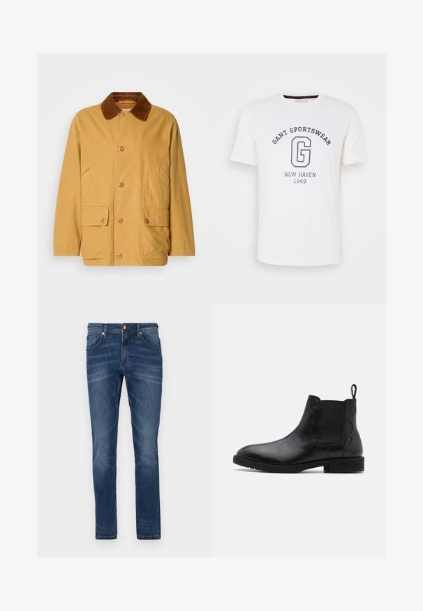 Geel katoenen jack met een bruine corduroy kraag, grote zijzakken en knoopsluitingen aan de voorkant.; Witte katoenen t-shirt met een ronde hals, korte mouwen en donkerblauwe bedrukte tekst: "GANT SPORTSWEAR," "NEW HAVEN," en "1949."; Donkerblauwe denim jeans met een rechte pijp, vijf zakken, subtiele vervaging, contrasterende stiksels en een knoopsluiting in de taille.; Zwarte leren Chelsea-boot met elastische zijpanelen, ronde neus en een lage blokhak. Voorzien van een treklipje aan de achterkant voor gemakkelijk aan- en uittrekken.