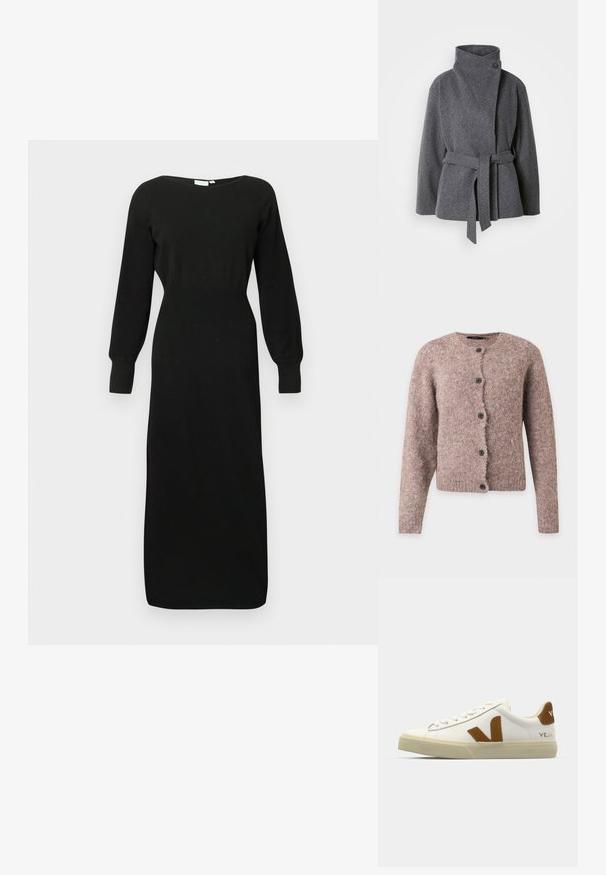 Grijze wollen jas met een hoge kraag, zijzakken en een strik aan de voorkant. Heeft een enkele knoopsluiting en een zachte, gestructureerde afwerking.; Zachte roze-bruin pluizige cardigan met lange mouwen, ronde halslijn en vijf zwarte knopen aan de voorkant.; Zwarte midi-jurk met lange mouwen, een getailleerde taille, ronde hals en manchetten, weergegeven tegen een lichte effen achtergrond.; Witte leren sneaker met een gestructureerde beige zool, bruin suède logo-accent en platte veters. Minimalistisch ontwerp met een gemerkte hakdetail.