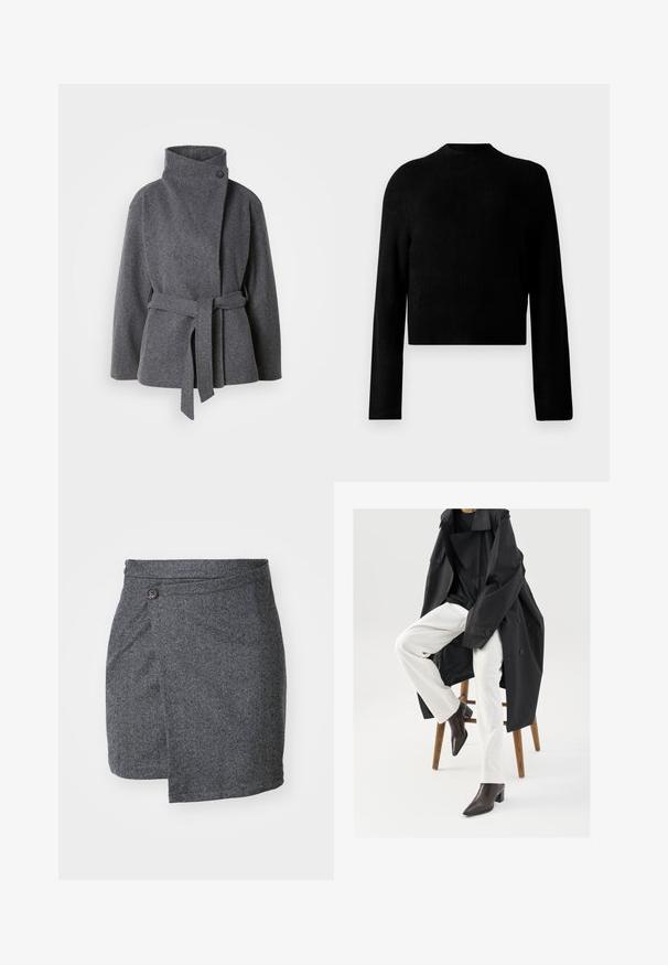Grå uldfrakke med høj krave, sidelommer og en frontsløjfe. Har en enkelt knaplukning og en blød, tekstureret overflade.; Sort cropped sweatshirt med lange ærmer, rund halsudskæring, ribbet struktur og en glat finish. Ingen synlige mønstre eller hardware detaljer.; Grå hørskærende omslagsskal lavet af struktureret uldstof, med en enkelt knaplukning i taljen og en asymmetrisk kant.; Sort, oversized trenchcoat over en sort top, parret med hvide bukser og brune, spidse ankelstøvler, siddende på en træstol.
