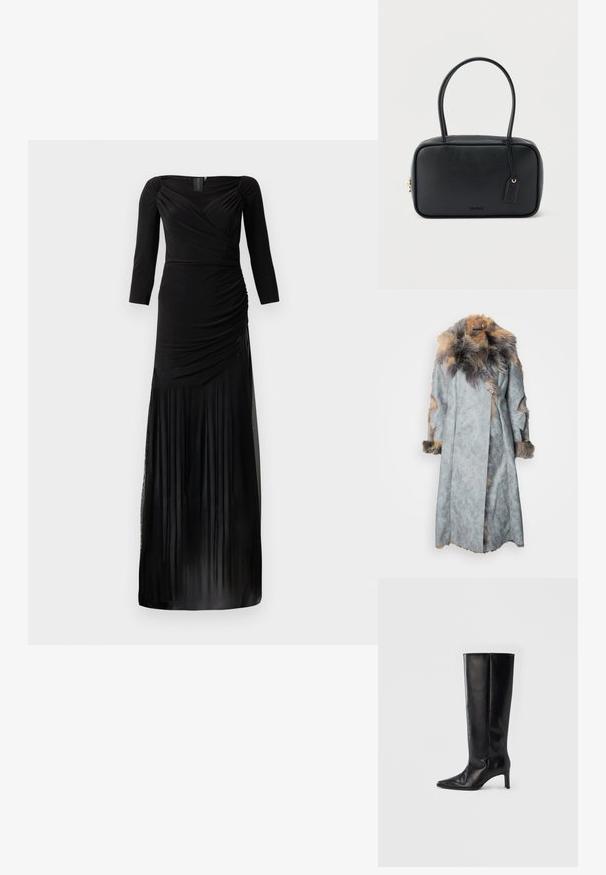 Abrigo de ante gris con un cuello y acentos de piel. Presenta un diseño envolvente, mangas largas y detalles recortados en las mangas.; Vestido negro de manga larga con corpiño ajustado, detalles fruncidos y falda fluida con paneles translúcidos en el dobladillo.; Botas negras hasta la rodilla hechas de cuero suave, con punta puntiaguda y tacón delgado, con caña ajustada y diseño minimalista.; Bolso rectangular negro con asas dobles redondeadas, cremallera dorada y logo "HUGO" en relieve en el frente con etiqueta de cuero adjunta.