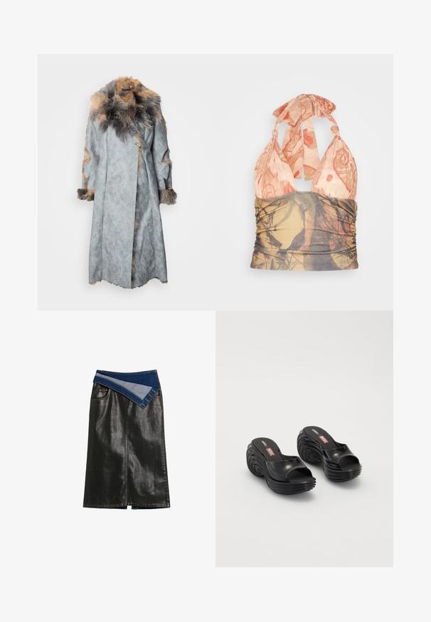 Grijze suède jas met een bontkraag en accenten. Heeft een wikkelontwerp, lange mouwen en uitsnijdingen op de mouwen.; Jaded London KNOTTED BEACH CONTRAST - Top - multi coloured; Lange zwarte leren rok met een asymmetrisch blauw denim omslagpaneel aan de taille met knoopsgaten.; Melissa MELISSA QUANTUM PLATFORM X DIESEL AD - Badslippers - black