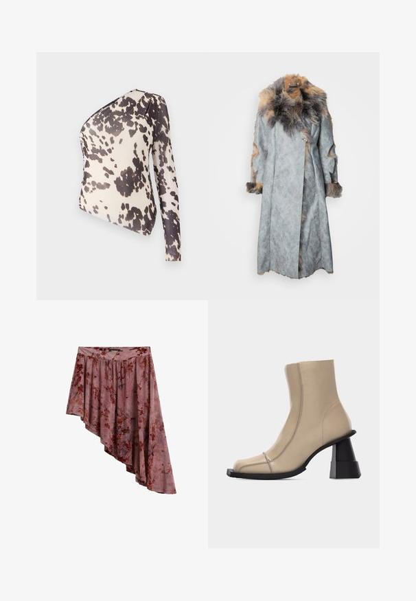 Abrigo de ante gris con un cuello y acentos de piel. Presenta un diseño envolvente, mangas largas y detalles recortados en las mangas.; Top de un solo hombro en tela ligera con un fondo beige y manchas irregulares negras, textura suave y diseño ajustado.; Falda asimétrica malva con estampado floral rojo, cintura fruncida y dobladillo irregular más largo en el lado derecho.; Bota beige de cuero hasta el tobillo con punta cuadrada, costuras visibles y tacón grueso negro esculpido en bloque sobre fondo blanco.