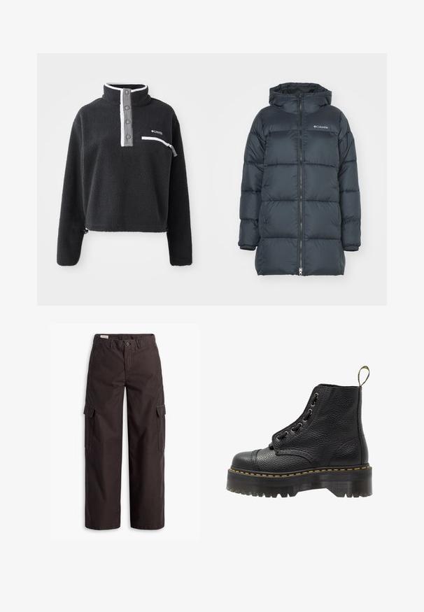 Mørkeblå dunjakke med hætte, har lynlås foran, horisontalt quiltet design og logo på brystet. Materialet har en glat tekstur.; Sort fleece pullover med halv lynlås krave, der har en brystlomme og kontrasterende hvide og grå detaljer. Blød tekstur, cropped design.; Mørkebrune, lige ben cargo-bukser med sidelommer med klap, knaplukning, bæltestropper og lynlås foran.; Sorte læder ankelstøvler med tekstureret overflade, rund tå, snørebåndsdesign, gule stikninger og en tyk, rillet sort platformsål.
