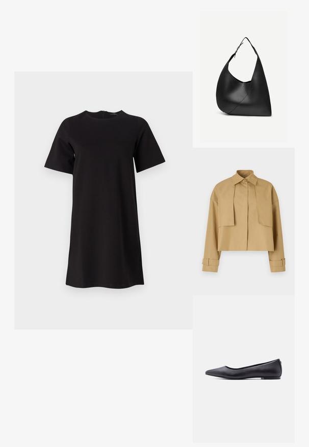 Lühike khaki jakk, mis on valmistatud siledast kangast, millel on terav krae, nööpidest eesosa ja mansetid, millel on reguleeritavad rihmad.; Musthave musta lühikeste varrukatega kleit, ümar auhinnaga ja seljataskuga. Lihtne disain pehmest kangast, ulatudes keskmise reie tasemele.; Must nahkjala kinga madala kontsaga, külgvaates valge tausta ees.; Mustast nahast õlakott, kõverate kolmnurksed servad, reguleeritav üks rihm ja nähtav diagonaalne õmblus esiküljel.