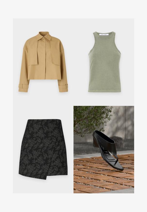 Chaqueta caqui corta hecha de una tela suave, con un cuello puntiagudo, cierre de botones y mangas con puños y correas ajustables.; Top sin mangas de color verde oliva, confeccionado en suave algodón, con escote redondo y bordes cosidos. Forma sencilla y ajustada.; Falda negra con un diseño envolvente que presenta un patrón de hojas en tonos plateados. Textura suave con un dobladillo asimétrico, de longitud hasta medio muslo.; Sandalia negra de tacón alto con tira entre los dedos, flotando sobre una superficie exterior de madera y grava con patrón, con vegetación desenfocada y pared al fondo.